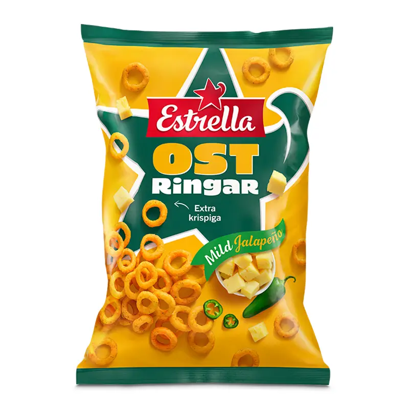 Ostringar Mild Jalapeno 18 x 200 g från Estrella | #10002117 | Ostbågar & Former