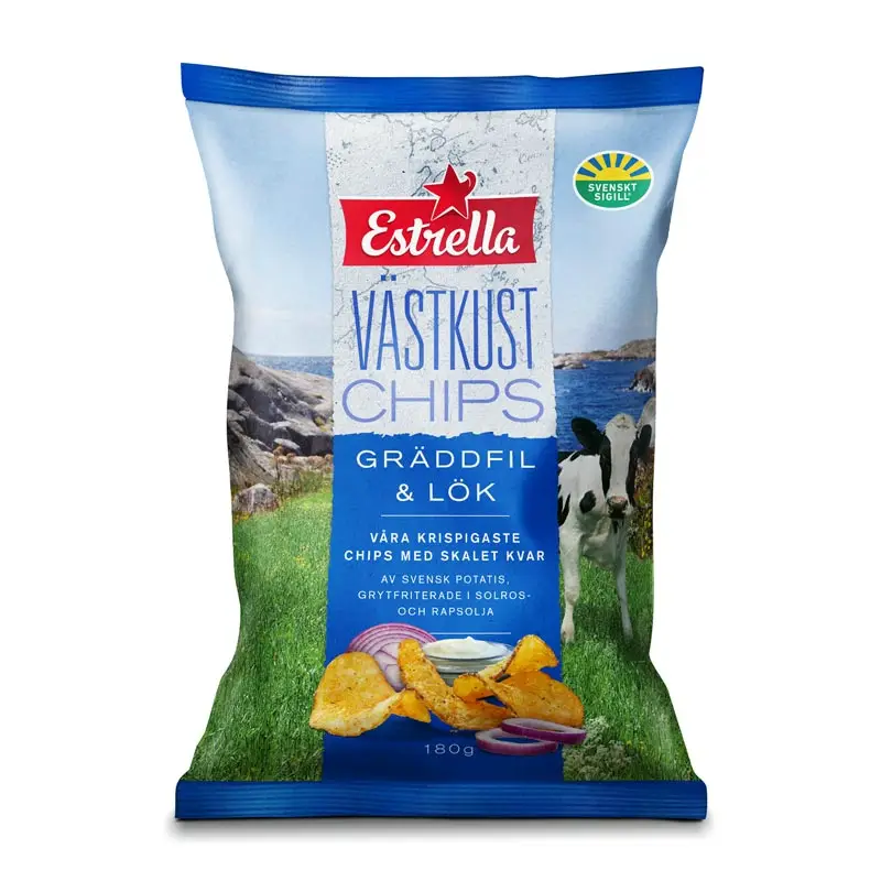 Västkustchips Gräddfil & Lök 18 x 180 g från Estrella | #10001450 | Chips