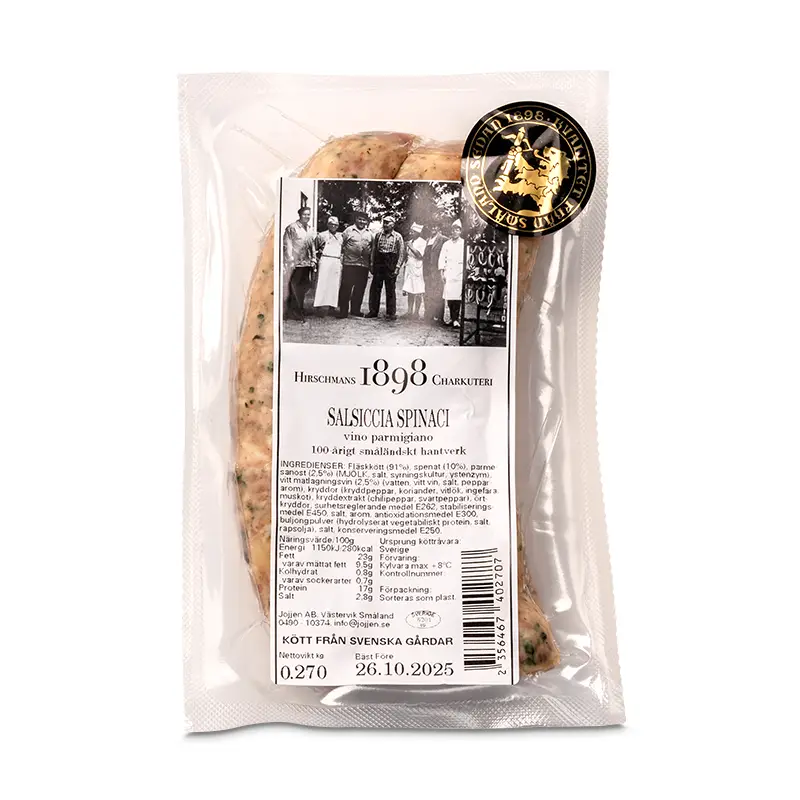 Salsiccia Spinaci Vino Parmigiano 6 x 270 g från Hirschmans Charkuterier | #72209 | Korv