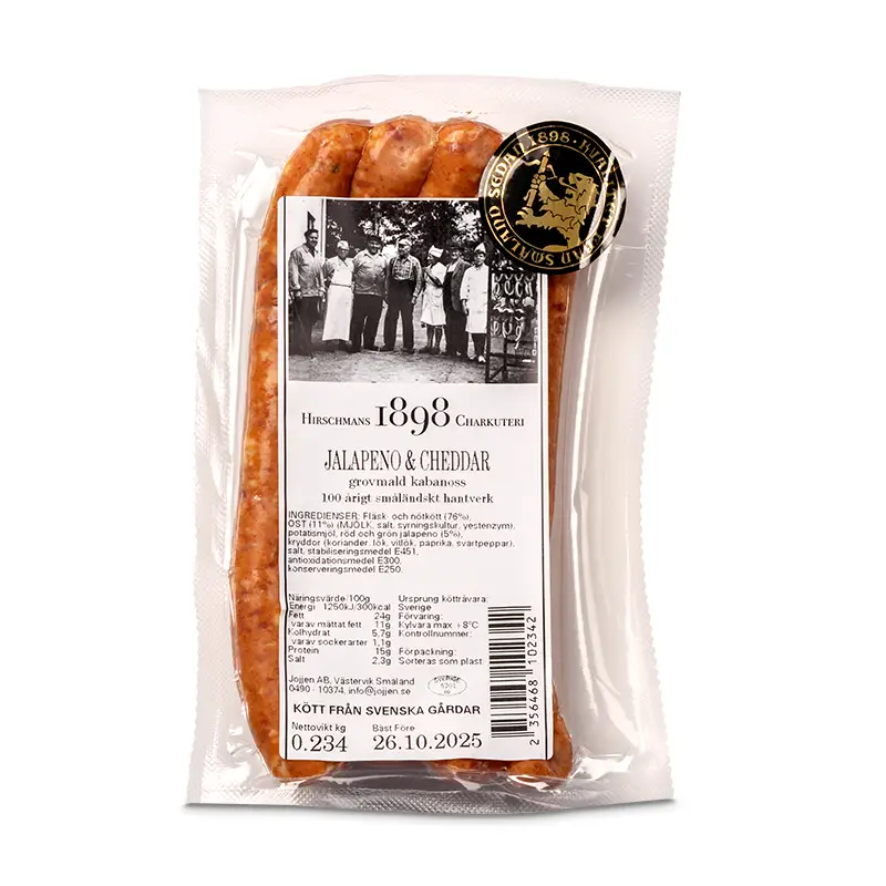 Jalapeno & Cheddar Kabanoss 6 x 230 g från Hirschmans Charkuterier | #72216 | Korv