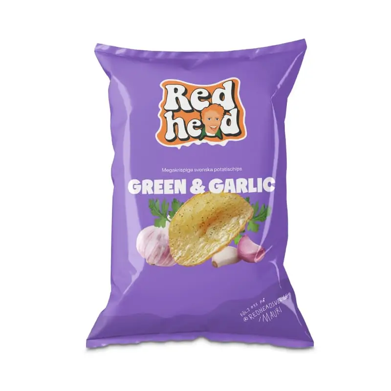 Chips Green & Garlic 24 x 150 g från Redhead | #642 | Chips
