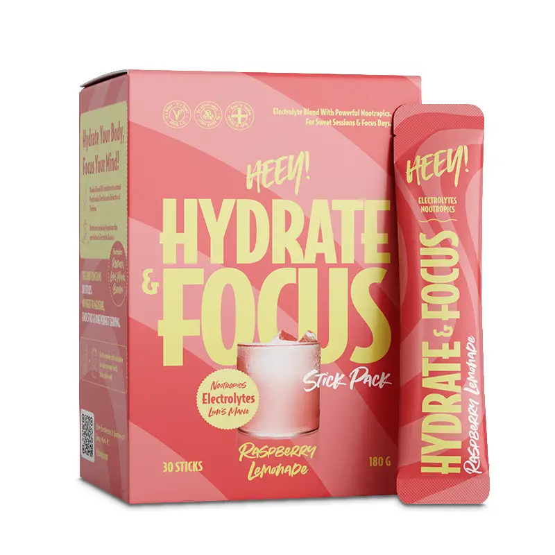 Hydrate & Focus Electrolytes Raspberry Lemonade 30 x 6 g från Heey! | #420 | Vätskeersättning