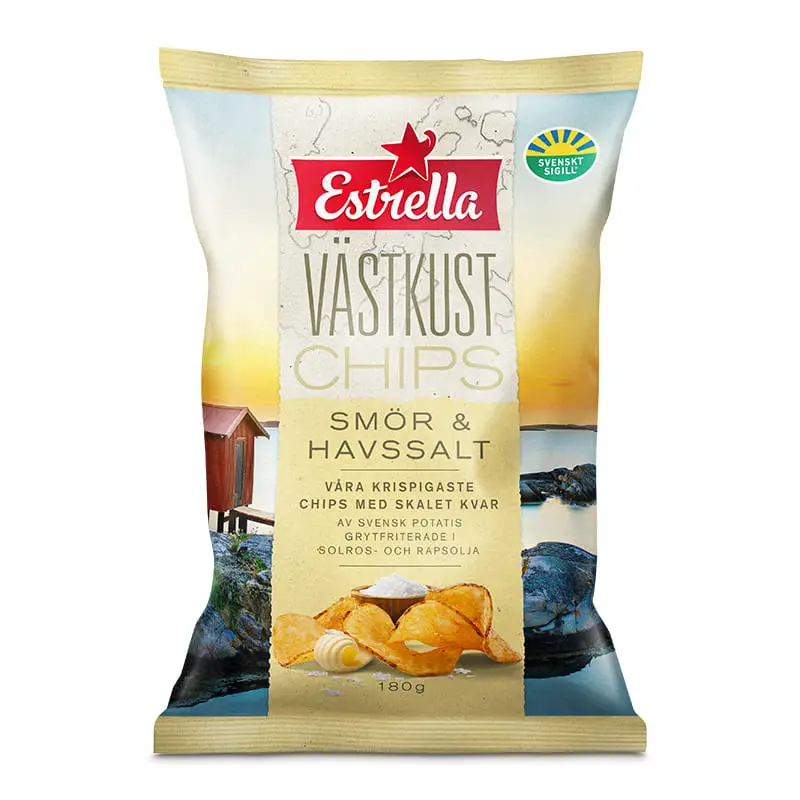Västkustchips Smör & Havssalt 10 x 180 g från Estrella | #10001700 | Chips