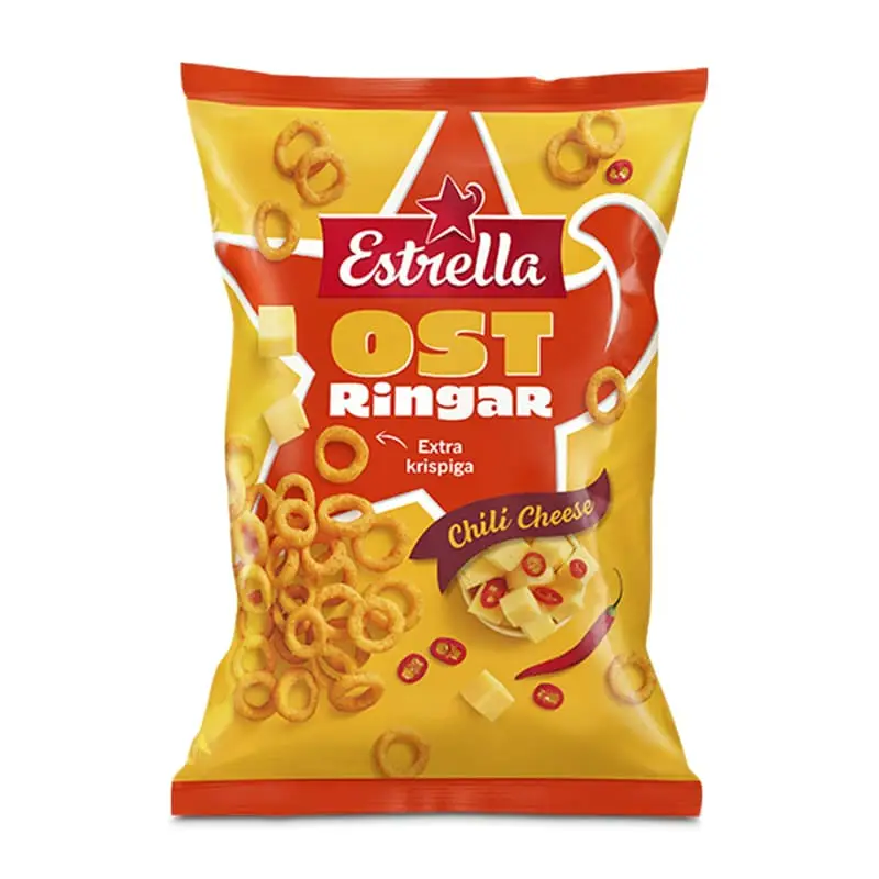 Ostringar Chili Cheese 18 x 200 g från Estrella | #10001804 | Ostbågar & Former