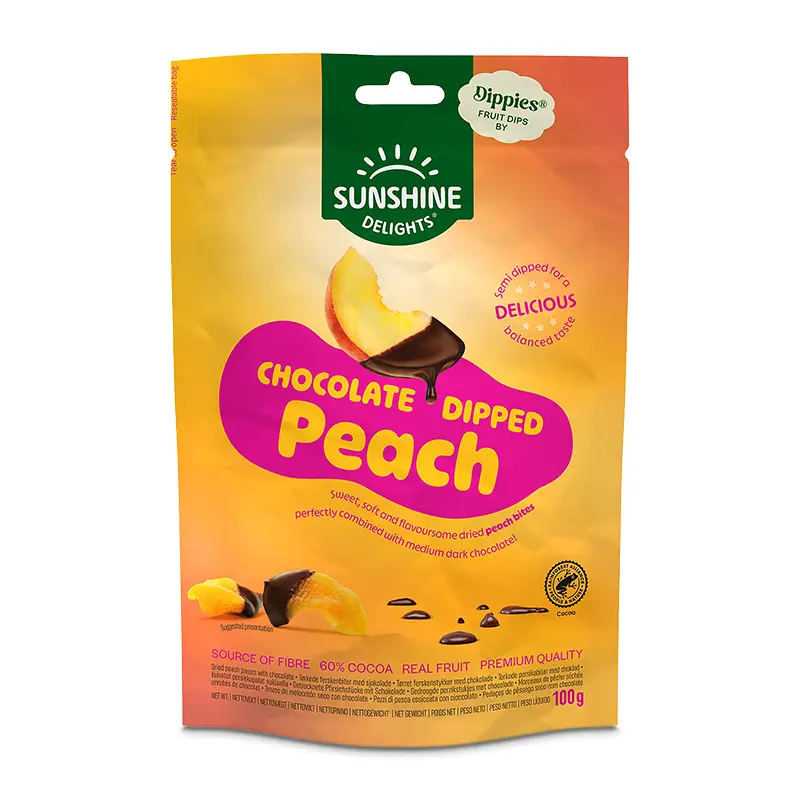 Fruit Dips Peach Chocolate 14 x 100 g från Sunshine Delights | #481 | Torkad frukt
