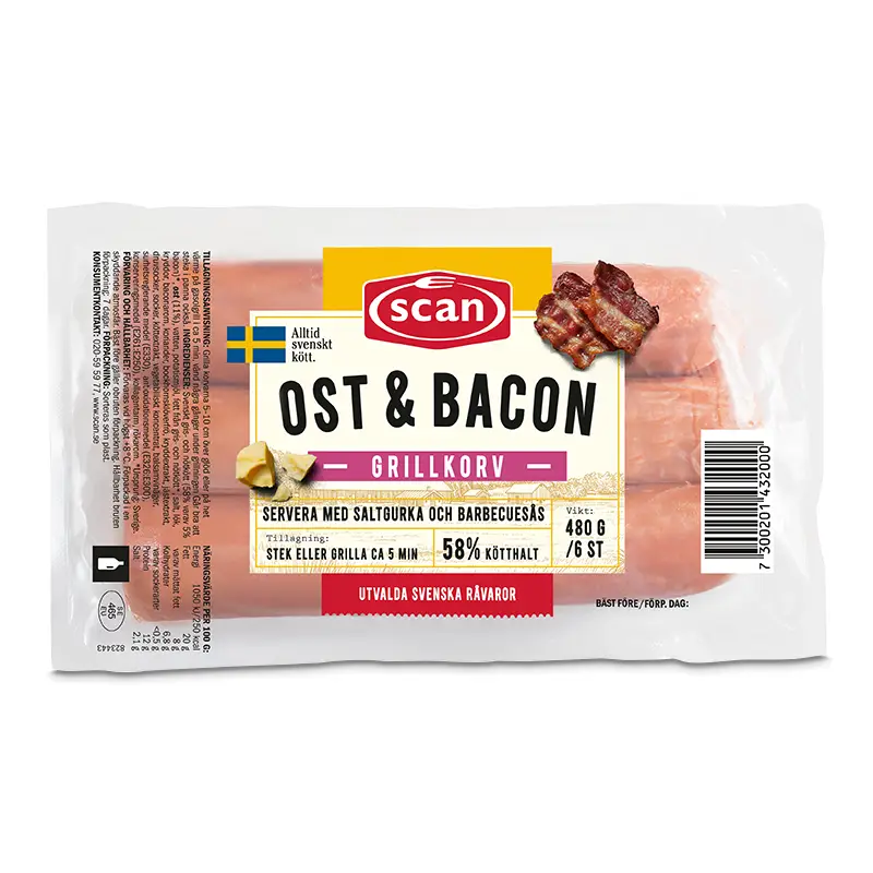 Grillkorv Ost&Bacon 12 x 480 g från Scan | #606156 | Korv