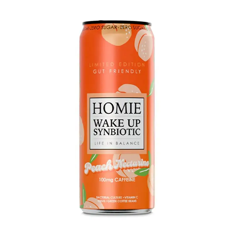 Wake Up Synbiotic Peach Nectarine 24 x 33 cl från Homie life in balance | #665 | Energidrycker