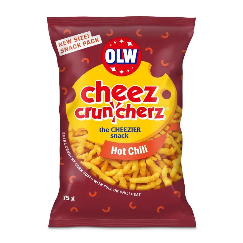 Cheez Cruncherz Hot Chili 45 x 75 g från OLW | #5450101165 | Ostbågar & Former