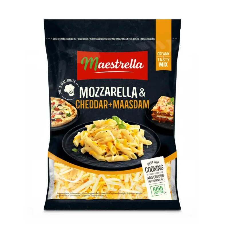 Riven Ost Mozzarella, Cheddar, Maasdam 12 x 150 g från Maestrella | #40175012 | Ost