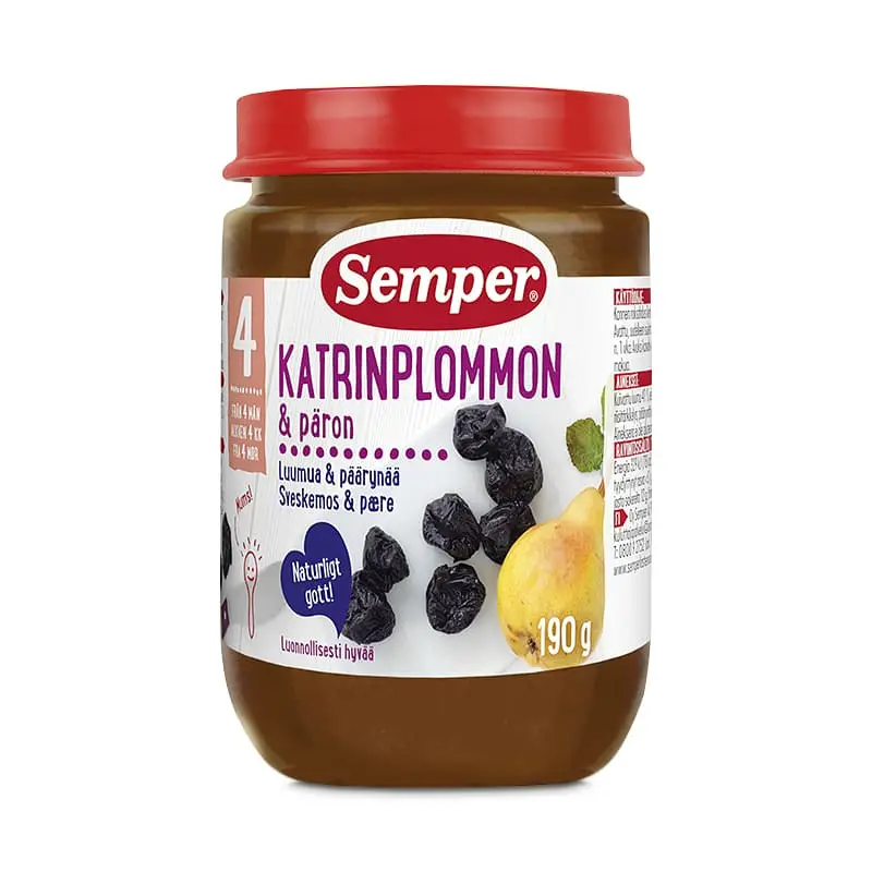 Puré Katrinplommon & Päron 4 mån 12 x 190 g från Semper | #9536 | Barnmat