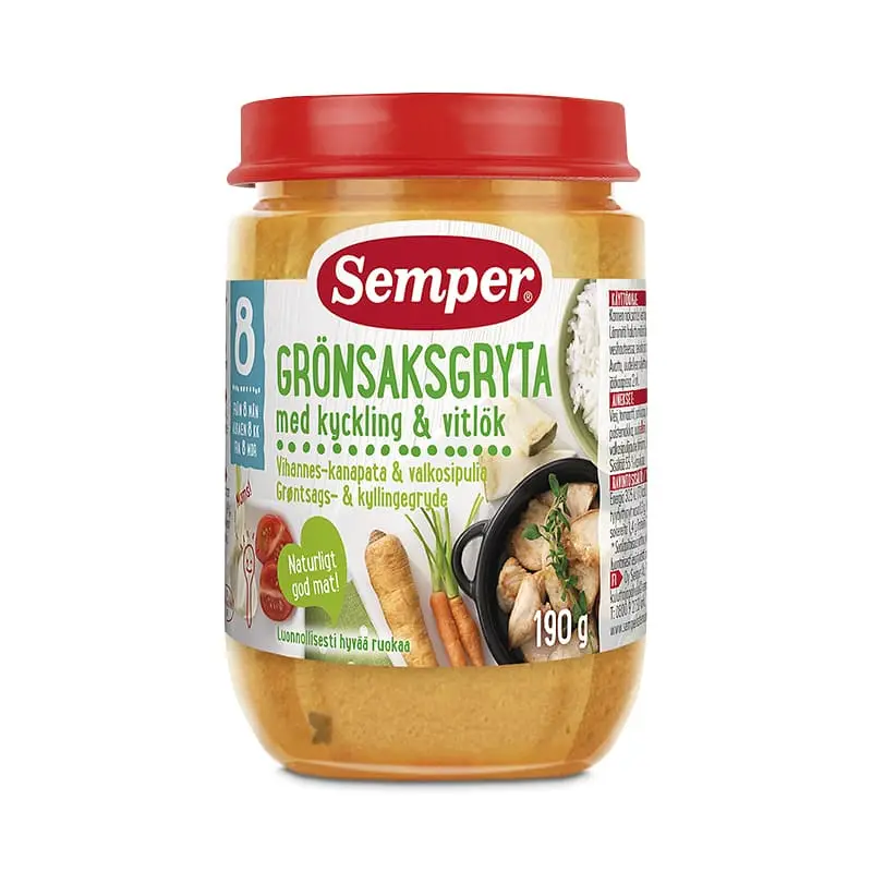 Grönsaksgryta Kyckling & Vitlök 8 mån 12 x 190 g från Semper | #9563 | Barnmat