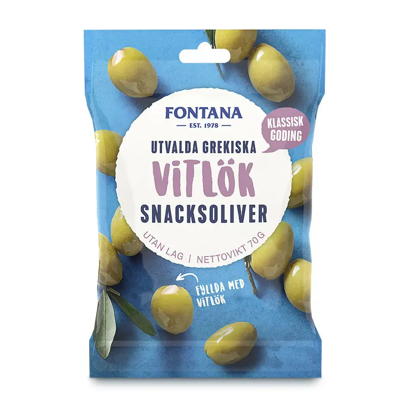 Snacksoliver Vitlök Fyllda 12 x 70 g från Fontana | #77631 | Oliver