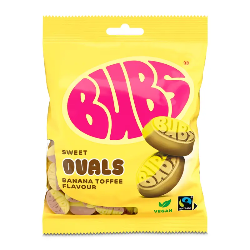 Banana Toffee Ovals 12 x 90 g från BUBS | #5450208160 | Godis