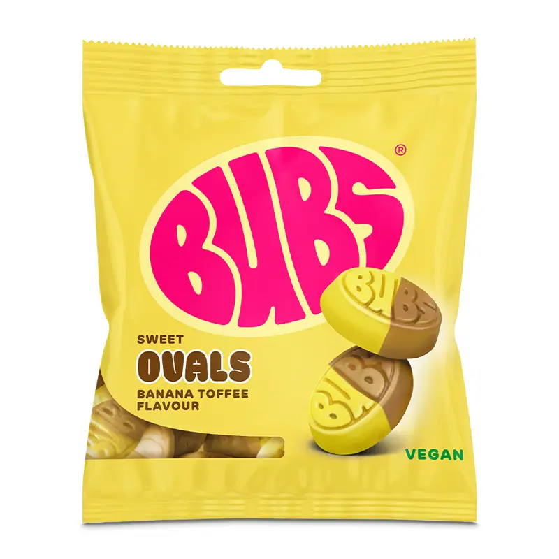 Banana Toffee Ovals 12 x 155 g från BUBS | #5450208219 | Godis