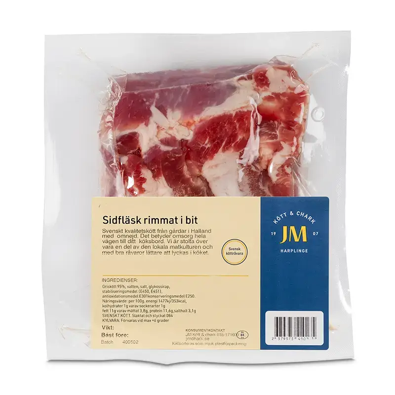 Rimmat Sidfläsk i Bit 12 x 400 g från JM Kött & Chark | #205 | Bacon & Fläsk