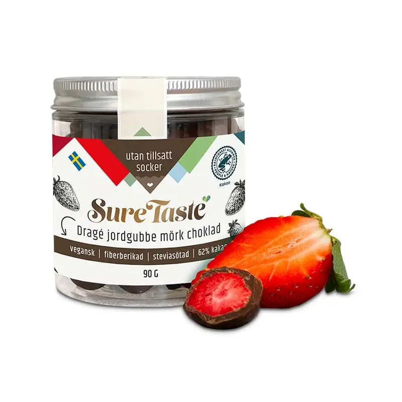 Drage Mörk Choklad & Jordgubb 12 x 90 g från Sure Taste | #18007 | Choklad